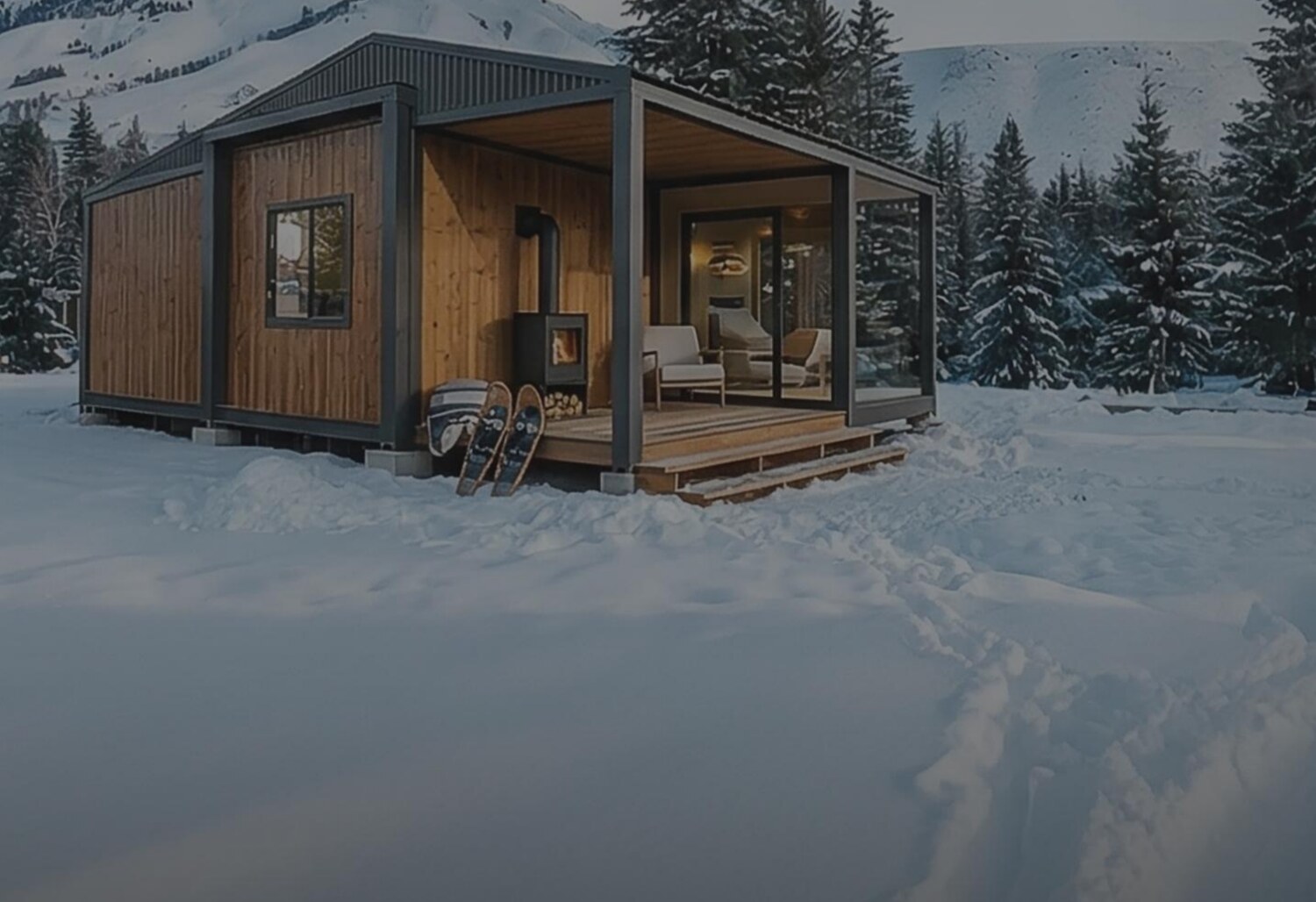 Insulated timber-clad cabin in snow